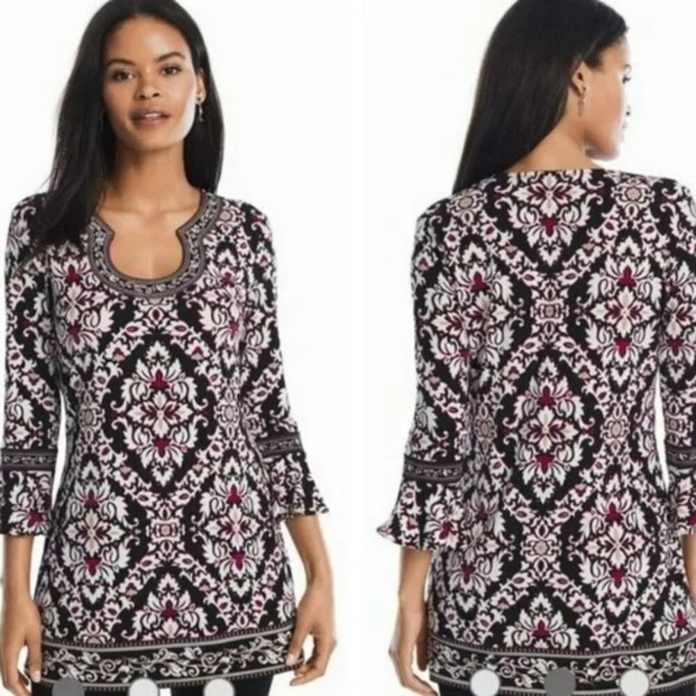 WHBM Black Red White Paisley Brocade Holiday Christmas Mini Tunic Dress Top S